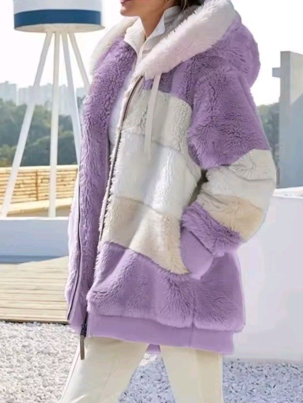 Women's Oversized Warm Winter Plush Jacket With Pockets And Hoodie